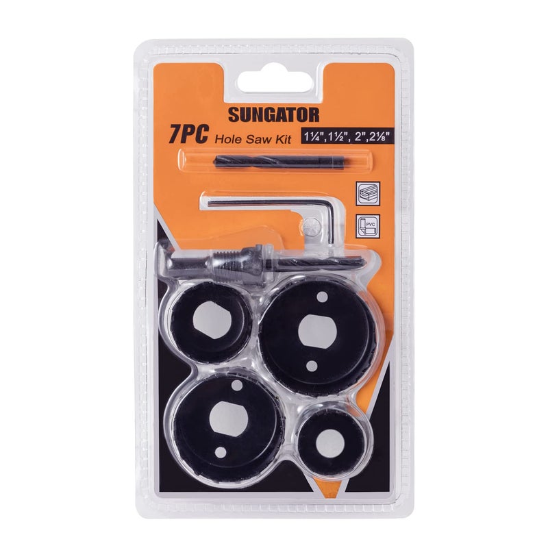 SUNGATOR Hole Saw Set, 7-Piece Hole Saw Kit. 1-1/4"", 1-1/2"", 2"", and 2-1/8"" Hole Saw Drill Bit for Wood, Plastic, PVC and Drywall with Arbor, Allen Key and Extra Bit, Carbon Steel - Image 1
